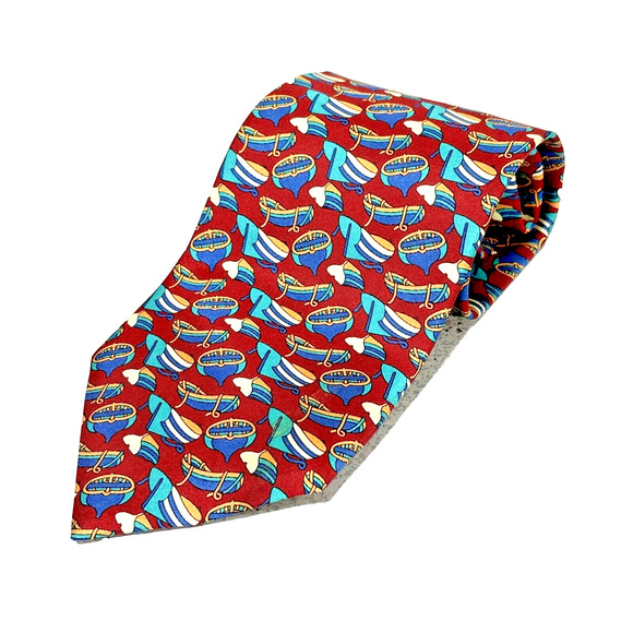 Vintage Christian Dior Monsieur Silk Neck Tie Red Blue Rowboats Luxury Designer - Picture 1 of 7